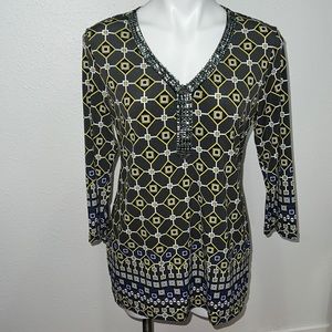 JM Collection Dressy Jeweled Geometric Print Top Sz S